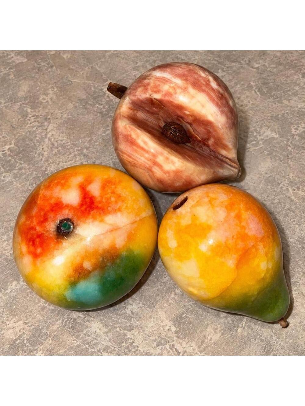 Vintage Alabaster Stone Fruit Set Peach Pear Orange MCM Fall Kitchen Table Decor